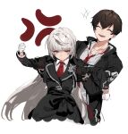  1boy 1girl absurdres anger_vein black_gloves black_hair clenched_hands counter_side eyebrows_visible_through_hair gloves highres hilde_(counter_side) joo_shiyoon lifting_person long_hair necktie shisantian short_hair white_background white_gloves white_hair 