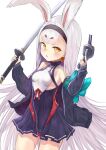  1girl azur_lane bangs black_coat blunt_bangs coat commentary_request dual_wielding eyebrows_visible_through_hair highres holding holding_sword holding_weapon katana long_hair long_sleeves looking_at_viewer machinery mg42cat-k1ng off-shoulder_coat off_shoulder parted_lips shimakaze_(azur_lane) sidelocks simple_background solo sword thick_eyebrows turret weapon white_background white_hair yellow_eyes 
