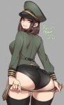  1girl agawa_ryou artist_name ass black_legwear black_shorts breasts brown_hair closed_mouth commentary cowboy_shot dated english_commentary gold_trim green_jacket grey_background hat holding holding_whip jacket large_breasts long_hair long_sleeves looking_at_viewer looking_back military_hat military_jacket numbered original red_eyes short_shorts shorts sidelocks simple_background smile solo thigh-highs tsurime whip 