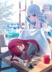  2girls ange_katrina bangs bare_shoulders blanket blush book book_stack closed_eyes closed_mouth cup dress frilled_dress frills highres lize_helesta long_hair long_sleeves misumi_(macaroni) mug multiple_girls nijisanji off-shoulder_dress off_shoulder parted_lips redhead silver_hair sleeping violet_eyes 