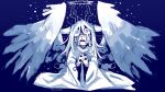 angel_wings animal_ears antlers artist_name blue_background blue_theme buck_teeth crown_of_thorns crying crying_with_eyes_open deer_ears deer_girl deltarune despair empty_eyes feathered_wings halo highres hooded_dress horror_(theme) kneeling long_hair looking_up messy monochrome noelle_holiday own_hands_clasped own_hands_together pcktknife praying reindeer_girl signature snow solo spoilers streaming_tears tears white_wings wings 
