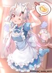  ;d alternate_costume apron arms_up blurry depth_of_field enmaided food heart heart_hands hololive horns kananote karma_(nakiri_ayame) maid maid_apron maid_headdress multicolored_hair nakiri_ayame omurice one_eye_closed oni_horns open_mouth poyoyo_(nakiri_ayame) red_eyes silver_hair smile spoken_food standing standing_on_one_leg streaked_hair two-tone_hair virtual_youtuber 