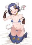  1girl :d ? animal_ear_fluff animal_ears belt_collar bikini blue_bikini blue_hair blue_legwear blush breasts brown_eyes brown_gloves cat_ears cat_tail collar copyright_request fingerless_gloves full_body gloves hair_ornament hairclip hands_up head_tilt heart heart-shaped_pupils looking_at_viewer medium_breasts navel on_bed open_mouth paw_pose short_hair side-tie_bikini simple_background smile solo spoken_question_mark sweat swimsuit symbol-shaped_pupils tail thigh-highs thigh_gap tiptoes wakamesan white_background x_hair_ornament 