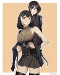  2girls anna_(girls&#039;_frontline) artist_name bangs belt black_eyes black_hair black_legwear black_skirt blush breasts brown_sweater_vest closed_mouth darkpulsegg eyebrows_visible_through_hair feet_out_of_frame girls_frontline hair_ornament hairclip heterochromia highres long_hair looking_at_another looking_at_viewer mechanical_legs medium_breasts multicolored_hair multiple_girls open_mouth red_eyes ro635_(girls&#039;_frontline) simple_background sitting sitting_on_person skirt small_breasts smile standing thigh-highs uniform yellow_eyes 