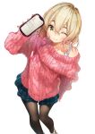  1girl blonde_hair cellphone closed_mouth highres kanojo_okarishimasu looking_at_viewer miyajima_reiji nanami_mami off-shoulder_sweater off_shoulder one_eye_closed pantyhose phone simple_background smartphone smile standing sweater white_background yellow_eyes 