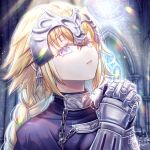  1girl artist_name bangs blonde_hair braid braided_ponytail chain commentary dai_die dress eyebrows_visible_through_hair fate/apocrypha fate/grand_order fate_(series) gauntlets hair_between_eyes headpiece indoors interlocked_fingers jeanne_d&#039;arc_(fate) jeanne_d&#039;arc_(fate/apocrypha) light lips long_hair looking_up parted_lips pink_lips praying purple_dress signature solo upper_body violet_eyes 