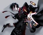  1boy absurdres black_hair bullet grin gun hair_between_eyes handgun highres huge_filesize joe_konishi male_focus necktie original pants red_eyes short_hair smile weapon 