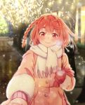  1boy 1girl blush braid brown_eyes christmas_lights christmas_tree coat couple cover fur_trim gloves gloves_removed highres holding_hands kanojo_okarishimasu looking_at_viewer official_art out_of_frame outstretched_arm pink_coat pink_hair pov pov_hands road sakurasawa_sumi scarf smile snow street upper_body winter winter_clothes winter_coat 