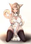  1girl animal_ears black_legwear blonde_hair blue_eyes braid breasts cat_ears cat_tail china_dress chinese_clothes cleavage_cutout clothing_cutout commission dress facial_mark final_fantasy final_fantasy_xiv gweni heart_cutout highres kneeling large_breasts medium_hair miqo&#039;te open_mouth pelvic_curtain sideboob sleeveless slit_pupils solo tail thigh-highs whisker_markings white_background 