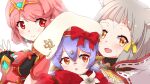  3girls android animal_ears bangs blunt_bangs bodysuit cat_ears highres multiple_girls nia_(xenoblade) nke_toumi poppi_(xenoblade) poppi_alpha_(xenoblade) pyra_(xenoblade) red_eyes redhead short_hair silver_hair simple_background twintails white_background xenoblade_chronicles_(series) xenoblade_chronicles_2 yellow_bodysuit yellow_eyes 