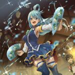  1000dragon 1boy 1girl :i aqua_(konosuba) armpits artist_name blue_eyes blue_hair blue_legwear blue_shirt blue_skirt boots bow breasts brown_hair cowboy_shot detached_sleeves green_bow hair_ornament hair_rings hand_fan highres kono_subarashii_sekai_ni_shukufuku_wo! open_mouth satou_kazuma shirt skirt smile thigh-highs thigh_boots thighhighs_under_boots 