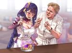  1boy 1girl @_@ apron bangs blonde_hair blunt_bangs blurry blurry_background braid braided_ponytail breasts bridal_gauntlets chef_uniform commentary crossover electricity english_commentary eyebrows_visible_through_hair food foxyreine frilled_apron frills frying_pan genshin_impact gordon_ramsay hair_ornament hand_up hands_up hell&#039;s_kitchen highres holding indoors ladle large_breasts long_hair mole mole_under_eye neck_ribbon obi open_mouth parted_lips purple_hair raiden_shogun raised_eyebrows real_life ribbon sash short_hair spoon tearing_up violet_eyes watch watch white_apron window wrinkled_skin 