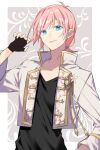  1other androgynous black_gloves blue_eyes border claw_pose closed_mouth commission earrings fingerless_gloves fingernails gloves grey_background grey_jacket jacket jewelry long_sleeves looking_at_viewer open_clothes open_jacket original pink_hair skeb_commission smile sogawa solo stud_earrings upper_body white_border 