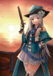  1girl absurdres antique_firearm ban_hada bangs blue_capelet blue_eyes blue_gloves blue_jacket blue_skirt capelet crossed_legs firelock flintlock gloves gun hand_on_hip hat highres holding holding_gun holding_weapon jacket korean_commentary looking_at_viewer nijisanji nijisanji_kr ocean pirate_hat rim_(rimmon2438) silver_hair skirt solo sun sunrise thigh-highs thigh_strap virtual_youtuber weapon 