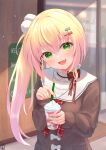  1girl :d bangs blonde_hair blush bow brown_sweater collar commentary_request cup drinking_straw eyebrows_visible_through_hair fang food frilled_collar frills fue_(lars0713) gradient_hair green_eyes hair_between_eyes hair_bow hair_ornament head_tilt highres holding holding_cup holding_drinking_straw hololive ice_cream light_particles long_hair long_sleeves looking_at_viewer momosuzu_nene multicolored_hair nail_polish necktie official_alternate_costume open_mouth pink_hair plaid_neckwear pom_pom_(clothes) pom_pom_hair_ornament red_bow red_neckwear sailor_collar smile solo sweater upper_body virtual_youtuber white_sailor_collar yellow_nails 