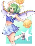  1girl alternate_costume arm_up bangs blue_shirt blue_skirt blush cheerleader commentary_request daiyousei fairy_wings ginnkei gradient green_background green_eyes green_hair hair_ribbon highres kneehighs looking_at_viewer midriff miniskirt navel one_side_up open_mouth pom_pom_(cheerleading) ribbon sailor_collar shirt shoes skirt sleeveless sleeveless_shirt solo star_(symbol) touhou white_legwear wings yellow_ribbon 