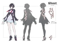  1girl back black_footwear black_hair blue_eyes border character_sheet cleavage_cutout clenched_hand closed_mouth clothing_cutout english_text eyes_visible_through_hair frilled_sleeves frills gradient gradient_clothes greyscale hair_between_eyes hair_ornament heterochromia high_heels highres human_homeosta monochrome multiple_views neckwear original red_eyes red_neckwear short_hair sleeves_past_wrists socks torn torn_clothes torn_neckwear turtleneck white_background white_legwear 