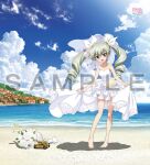  1girl anchovy_(girls_und_panzer) bare_arms bare_legs bare_shoulders barefoot beach bouquet bow bridal_veil brown_eyes clothes_lift clouds cloudy_sky copyright_name curly_hair dress dress_lift feet flower girls_und_panzer green_hair ground_vehicle hair_bow house looking_at_viewer military military_vehicle motor_vehicle ocean official_art open_mouth outdoors sample sky smile solo tank toy_tank twintails veil wedding_dress white_bow white_dress 