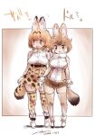  2girls animal_ear_fluff animal_ears ankle_boots artist_name bangs blonde_hair boots border bow bowtie brown_eyes brown_hair brown_legwear brown_skirt commentary dated dhole_(kemono_friends) dog_ears dog_tail elbow_gloves eyebrows_visible_through_hair fur_collar gloves high-waist_skirt kemono_friends looking_at_viewer looking_to_the_side miniskirt multiple_girls nyororiso_(muyaa) open_mouth outside_border pleated_skirt print_gloves print_legwear print_neckwear print_skirt serval_(kemono_friends) serval_print shadow shirt short_hair signature skirt sleeveless sleeveless_shirt smile standing tail translated white_footwear white_gloves yellow_eyes yellow_gloves yellow_legwear yellow_skirt 