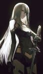  1girl android armlet backlighting black_gloves black_shorts black_tank_top closed_mouth elbow_gloves gloves grey_eyes hair_over_one_eye highres holding holding_sword holding_weapon joints karasuro katana long_hair nier_(series) nier_automata robot_joints shorts solo sword tank_top very_long_hair virtuous_contract weapon white_hair yorha_type_a_no._2 