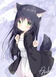  1girl :o akatsuki_(ytkg5558) animal_ear_fluff animal_ears bangs black_hair black_jacket blush commentary_request dog_ears dog_girl dog_tail dress eyebrows_visible_through_hair green_eyes hair_between_eyes hands_up highres jacket long_hair long_sleeves looking_at_viewer open_clothes open_jacket original parted_lips signature solo tail very_long_hair white_dress 