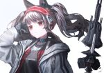  1girl angelina_(arknights) animal_ears arknights bangs black_gloves brown_hair closed_mouth fox_ears fox_girl gloves hayatelikecat headphones infection_monitor_(arknights) jacket long_sleeves red_eyes solo twintails white_jacket 