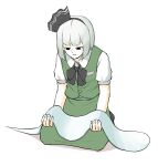  1girl bangs black_eyes black_hairband black_neckwear black_ribbon deflated eyebrows_visible_through_hair green_vest grey_skirt hair_between_eyes hairband highres kneeling konpaku_youmu konpaku_youmu_(ghost) peroponesosu. ribbon shirt short_hair short_sleeves simple_background skirt solo touhou vest white_background white_shirt worried 