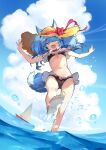  1girl :3 :d animal_ears bare_arms bare_legs barefoot bikini black_bikini blue_eyes blue_hair blush boat bow character_request clouds copyright_request cumulonimbus_cloud dot_nose from_below hat hat_bow heterochromia highres looking_at_viewer navel nonco ocean open_mouth outdoors outstretched_arms red_bow smile soles solo splashing spread_arms standing standing_on_one_leg straw_hat swimsuit symbol-only_commentary tail twintails wading water_drop watercraft yellow_eyes yellow_headwear 