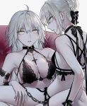  2girls ahoge armband artoria_pendragon_(fate) breasts chain choker eyebrows_visible_through_hair fate/grand_order fate_(series) grey_hair hair_between_eyes hair_bun highres jeanne_d&#039;arc_(alter)_(fate) jeanne_d&#039;arc_(fate) long_hair looking_at_viewer medium_breasts multiple_girls nipi27 parted_lips saber_alter simple_background sitting sitting_on_lap sitting_on_person small_breasts teeth white_background yellow_eyes 