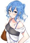  bag bandeau bangs bare_shoulders blue_choker blue_eyes blue_hair candy choker collarbone commentary_request eyebrows_visible_through_hair food food_in_mouth glasses hair_between_eyes highres holding_strap hololive hoshimachi_suisei lollipop long_hair mocacoco339 mouth_hold notice_lines off_shoulder ponytail shirt shoulder_bag sidelocks signature simple_background upper_body virtual_youtuber white_background white_shirt 