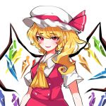  1girl ascot back_bow bangs blush bow commentary_request cropped_legs crystal eyebrows_visible_through_hair fang flandre_scarlet hair_between_eyes hat hat_bow looking_at_viewer mindoll mob_cap one_side_up open_mouth pointy_ears puffy_short_sleeves puffy_sleeves red_bow red_eyes red_skirt red_vest short_hair short_sleeves side_ponytail simple_background skirt smile solo touhou vest white_background white_bow wing_collar wings yellow_neckwear 