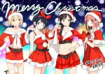  4girls absurdres belt bikini black_hair blonde_hair bow brown_hair gloves hair_bow hat highres kanojo_okarishimasu merry_christmas midriff miyajima_reiji mizuhara_chizuru multiple_girls nanami_mami pink_hair red_bow red_gloves sakurasawa_sumi santa_costume santa_dress santa_hat sarashina_ruka standing swimsuit 