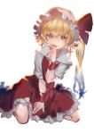  1girl :p bangs blonde_hair blood blurry bow commentary_request depth_of_field eyebrows_visible_through_hair flandre_scarlet hair_between_eyes hand_up hat hat_bow highres licking licking_finger looking_at_viewer mob_cap one_side_up petticoat puffy_short_sleeves puffy_sleeves red_bow red_eyes red_skirt red_vest short_hair short_sleeves simple_background sitting skirt solo tongue tongue_out touhou u_u_zan v-shaped_eyebrows vest wariza white_background white_headwear wrist_cuffs 
