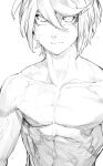  1boy absurdres closed_mouth greyscale hair_between_eyes highres looking_at_viewer male_focus monochrome niwarhythm original pectorals short_hair simple_background smile solo topless_male white_background 