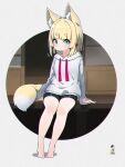  1girl animal_ear_fluff animal_ears bangs barefoot bike_shorts black_shorts blonde_hair blue_eyes blunt_bangs blush closed_mouth commentary_request drawstring eyebrows_visible_through_hair fox_ears fox_girl fox_tail highres hood hood_down hoodie kuro-chan_(kuro_kosyou) kuro_kosyou long_sleeves looking_at_viewer original short_eyebrows short_shorts shorts sitting solo tail thick_eyebrows white_hoodie 