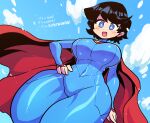  1girl :d black_hair blue_bodysuit blue_eyes blue_sky blush bodysuit breasts bright_pupils cape dc_comics floating genderswap genderswap_(mtf) hand_on_hip highres large_breasts looking_down narrow_waist open_mouth rariatto_(ganguri) red_cape skin_tight sky smile solo superhero superman superman_(series) superwoman thick_thighs thighs white_pupils 