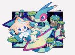  :d claws closed_mouth commentary_request fang flygon highres jirachi mythical_pokemon night no_humans open_mouth outdoors pokemon pokemon_(creature) ribbon shino_(shinoru_p) sky smile star_(sky) 
