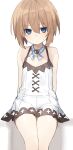  1girl absurdres arms_behind_back bare_legs bare_shoulders blanc_(neptune_series) blue_eyes blush breasts brown_hair buran_buta cowboy_shot dress expressionless hair_between_eyes highres looking_at_viewer medium_hair neptune_(series) simple_background sitting small_breasts solo spaghetti_strap thighs white_background white_dress 