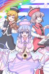  3girls black_headwear blonde_hair blue_sky blush breasts brown_hair clear_sky closed_eyes clouds commentary_request egasumi eyebrows_visible_through_hair feet_out_of_frame frilled_shirt_collar frilled_skirt frills hair_between_eyes happy hat_ornament highres instrument keyboard_(instrument) large_breasts long_sleeves looking_at_viewer lunasa_prismriver lyrica_prismriver merlin_prismriver multiple_girls musical_note open_mouth pink_headwear purple_hair rainbow red_headwear siblings sisters skirt sky smile star_(symbol) star_hat_ornament temu touhou trumpet violin white_sleeves 