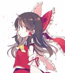  1girl ascot bow bright_pupils brown_eyes brown_hair detached_sleeves frilled_bow frills hair_bow hair_tubes hakurei_reimu long_sleeves looking_at_viewer mimureem red_bow red_shirt red_skirt shirt simple_background skirt solo touhou upper_body white_background yellow_neckwear 