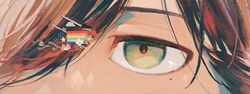  1other ambiguous_gender brown_hair close-up eye_focus green_eyes hair_ornament hairclip highres ka_(marukogedago) looking_at_viewer mole mole_under_eye original rainbow_flag tareme 