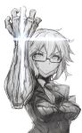  1girl :/ breasts closed_mouth denki_showgun glasses greyscale hand_up highres jacket looking_at_viewer monochrome necktie organ_divider semi-rimless_eyewear simple_background small_breasts solo toda_(organ_divider) under-rim_eyewear upper_body white_background 