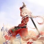  1girl armor bangs blue_sky chinese_armor chinese_clothes clouds cloudy_sky drawing_sword fu_hua fu_hua_(phoenix) hair_between_eyes highres holding holding_sword holding_weapon honkai_(series) honkai_impact_3rd horseback_riding long_hair long_sleeves looking_at_viewer multicolored_hair outdoors ponytail qqqne red_eyes riding sheath sky solo streaked_hair sword sword_behind_back unsheathing weapon white_hair white_horse 