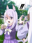  ! !! 2girls 4me_4ma animal_ears bangs blurry blurry_background bow cellphone commentary_request day depth_of_field drooling ear_covers ear_ribbon food gold_ship_(umamusume) green_ribbon grey_hair highres holding holding_food holding_phone horse_ears horse_girl horse_tail long_hair looking_at_viewer mejiro_mcqueen_(umamusume) multiple_girls open_mouth outdoors phone pleated_skirt purple_hair purple_shirt purple_skirt ribbon school_uniform shirt skirt spoken_exclamation_mark steam sweat swept_bangs tail tracen_school_uniform tree umamusume v-shaped_eyebrows very_long_hair violet_eyes white_bow 
