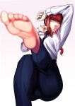  1girl absurdres ass bangs barefoot black_neckwear braid braided_ponytail breasts brown_hair business_suit chainsaw_man formal highres leg_up light_smile long_hair looking_at_viewer makima_(chainsaw_man) medium_breasts necktie replikia ringed_eyes shirt_tucked_in smile soles solo suit 
