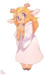  1girl animal_ears antlers blonde_hair blue_eyes deer_antlers deer_ears deer_girl deltarune dress full_body furry furry_female hands_together highres hooded_dress hooves inuki_(aruurara) long_hair looking_to_the_side noelle_holiday signature simple_background solo standing white_background white_dress wide_sleeves 
