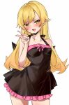  1girl arm_behind_back bangs black_dress blonde_hair blush breasts chigasaki_yukari dress frilled_dress frills highres long_hair monogatari_(series) open_mouth oshino_shinobu pointy_ears simple_background sketch small_breasts solo v white_background yellow_eyes 