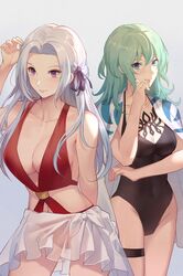  2girls adjusting_hair alternate_costume bikini black_swimsuit blue_eyes blush byleth_eisner_(female) covered_navel cowboy_shot cute edelgard_von_hresvelg fire_emblem fire_emblem:_three_houses fire_emblem_heroes green_hair hair_ribbon intelligent_systems jolker8 long_hair medium_hair navel navel_cutout nintendo one-piece_swimsuit purple_eyes purple_ribbon red_bikini red_swimsuit ribbon super_smash_bros. swimsuit teacher_and_student thinking towel white_hair 