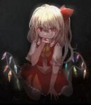  1girl ascot bangs biting_hand blonde_hair blood blood_on_face blood_on_hands bloom bow commentary_request crystal dark_background eyebrows_visible_through_hair flandre_scarlet flat_chest frilled_shirt_collar frills full_body hair_between_eyes hair_bow hand_up highres looking_at_viewer medium_hair no_hat no_headwear one_side_up petticoat pointy_ears puffy_short_sleeves puffy_sleeves red_bow red_eyes red_skirt red_vest short_sleeves simple_background sitting skirt slit_pupils solo ten_(cherry61897) touhou uneven_eyes vest wariza wings yellow_neckwear 