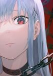  1girl absurdres black_collar chain closed_mouth collar earrings hair_between_eyes hair_ornament highres jewelry long_hair looking_at_viewer original portrait red_background red_eyes shichi_(ratorin53) silver_hair solo 